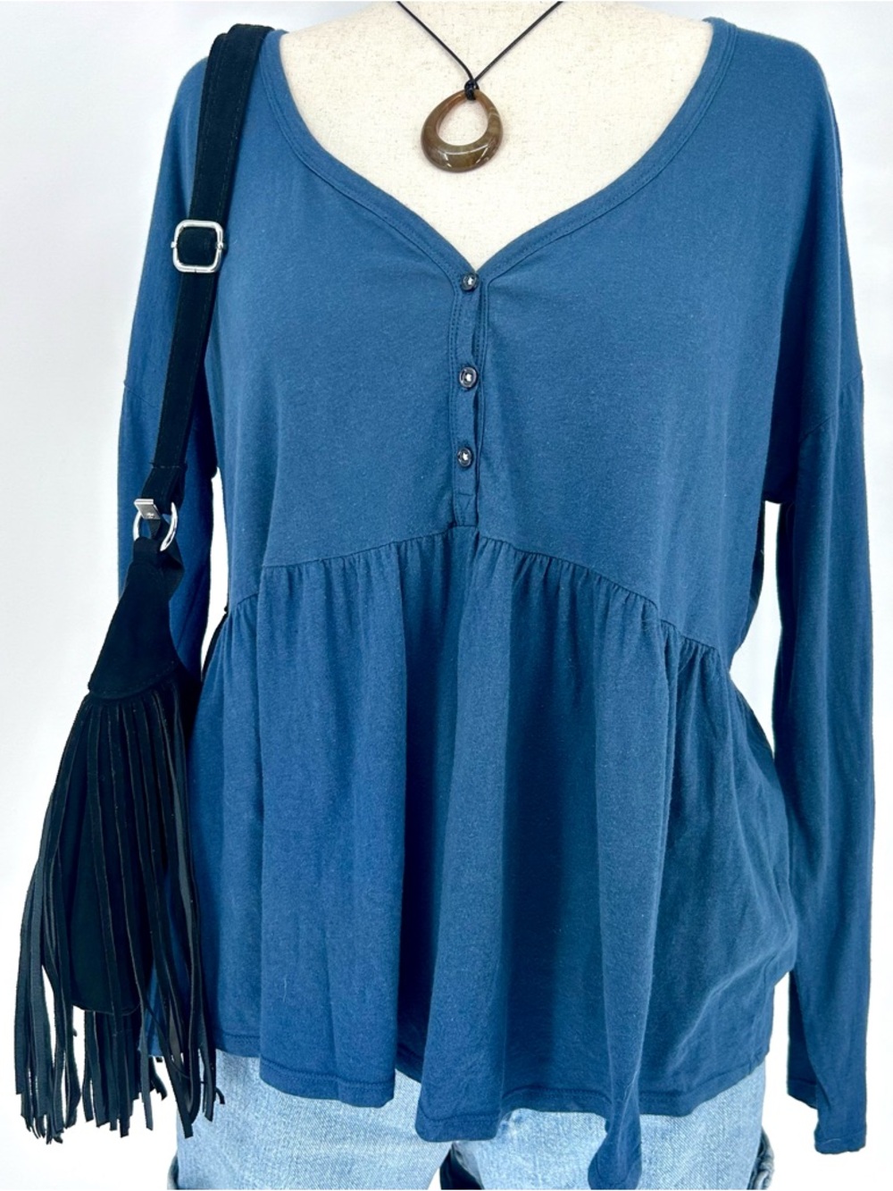 Anthro Blue Babydoll Top Fairy Boho Peplum Flowy Long Sleeve Shirt